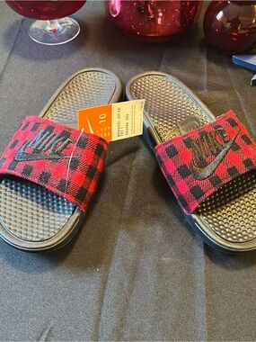 Nike Black Slide Sandals with Red & Black Plaid Strap